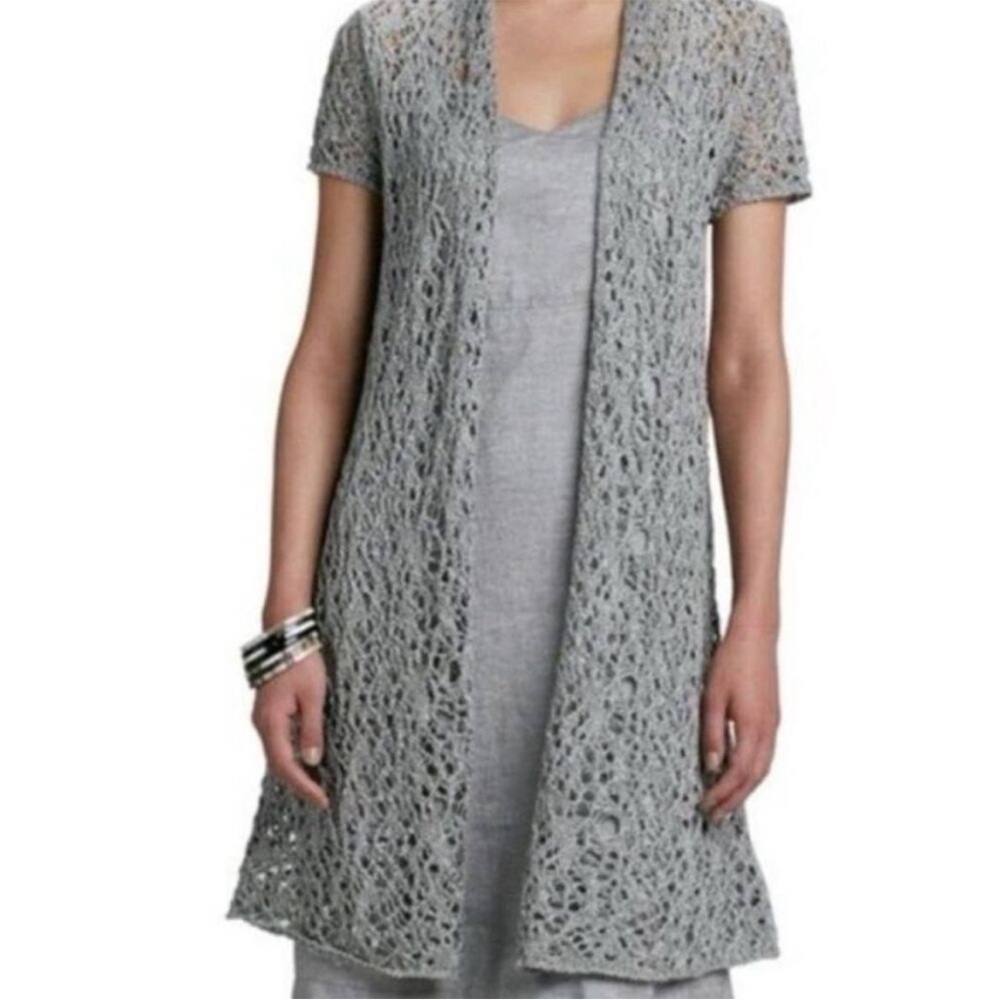 Eileen Fisher Rustic Luster Long Open Crochet Linen Blend Cardigan L